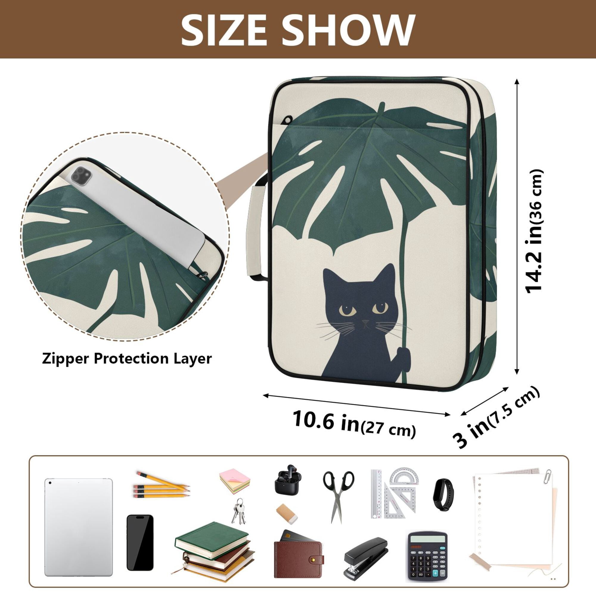 FORMRS Accordion File Folder A4 Size 7-Pocket Expanding Document Organizer Bag with 3 Ring Binder, Black Cat Plants