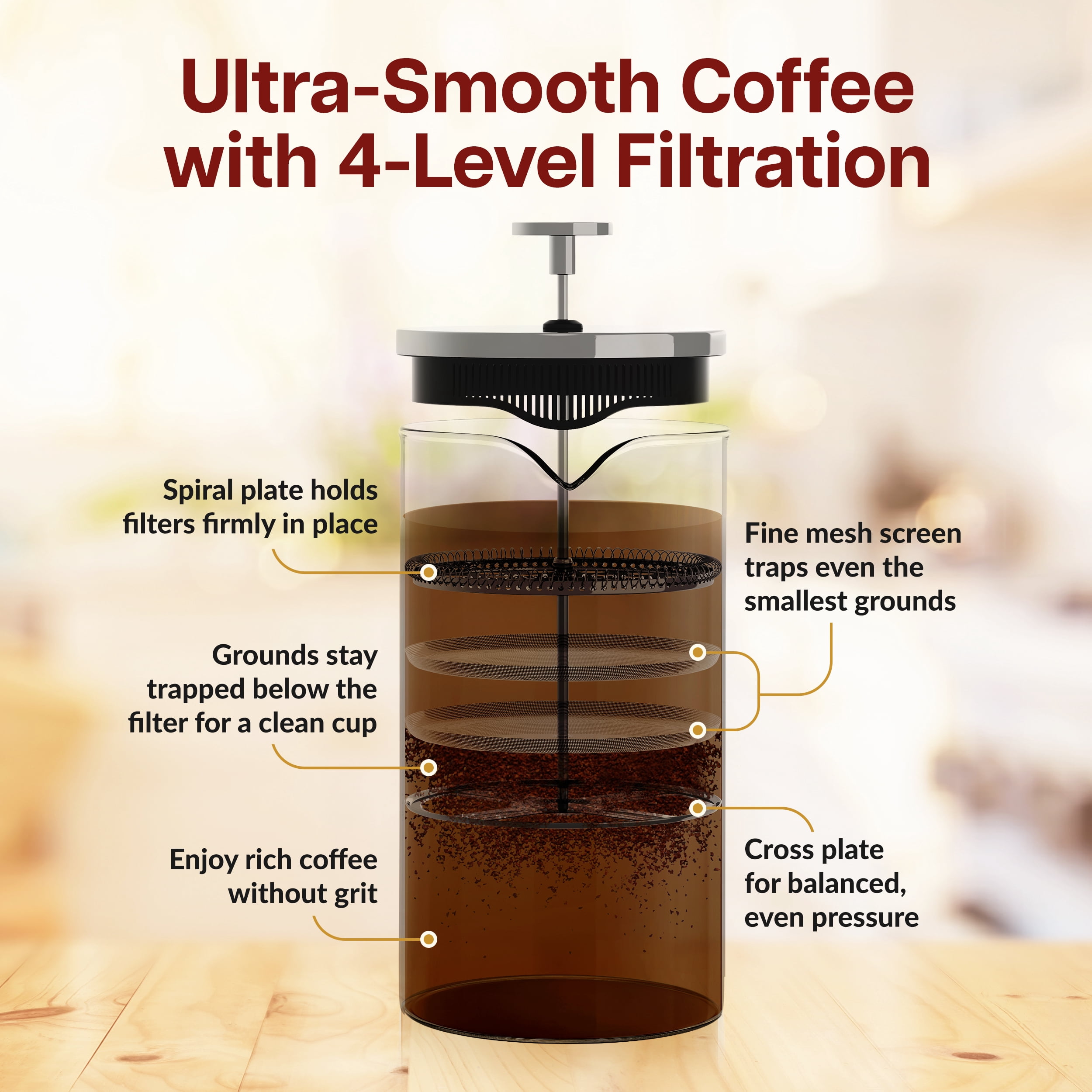 Cafe Du Chateau Stainless Steel French Press Coffee Maker, 34 oz Manual Coffee &Tea Brewer