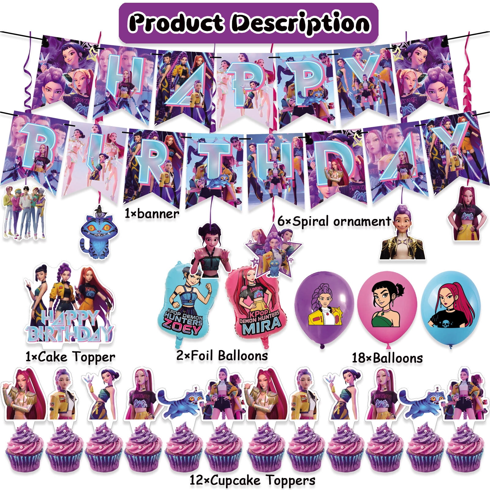 40 PCS For K-pop Movie Theme Birthday Party Decorations,With 1 Happy Birthday Banner Garland,13 Cupcake Toppers,18 Balloons,6 Hanging Swirls,2 Foil Balloons,All-in-One Party Supply Set