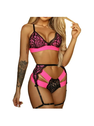 Women's 3 Piece Floral Lace Lingerie Set With Garter Belts Bra And