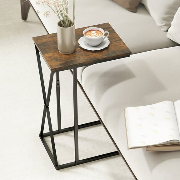 Manxile C Shaped Side Table, Small End Table for Small Places Living Room Bedroom, Rustic Brown Finish