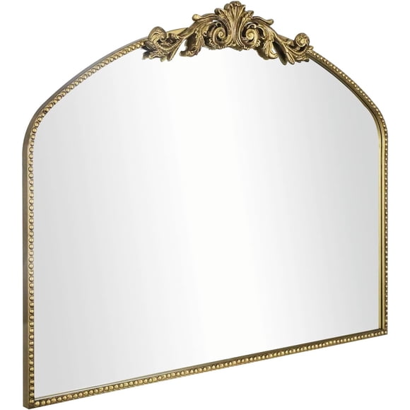 GFDYREE Antique Retro Gold Arched Wall Mirror, 40"x31" Large Elegant Mantel Bathroom Mirror with Ornate Frame, Baroque Inspired Home Decor for Vanity Bedroom Entryway