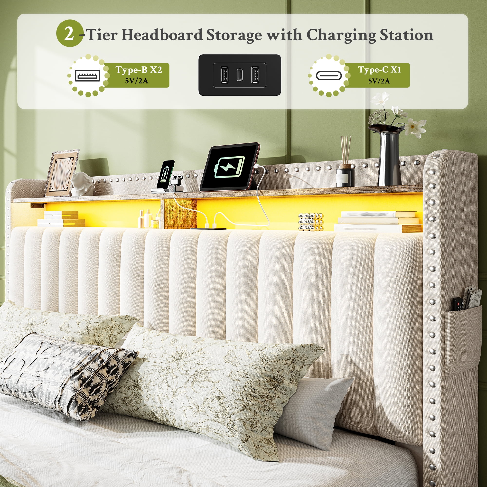 King Size Bed Frame with 2 Storage Drawers Upholstered Bed Frame with 2-Tier Storage Headboard & Charge Station & LED Light,Beige