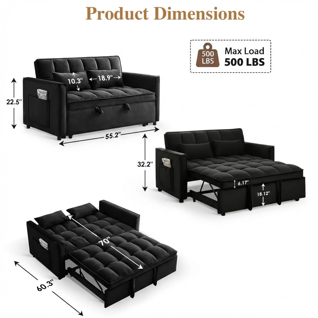 Xiweot 3 in 1 Convertible Sleeper Sofa Bed, 55" Pull Out Couch with Side Pockets, Velvet Loveseat Sofa with Adjustable Backrest for Living Room Bedroom Apartment (Black)