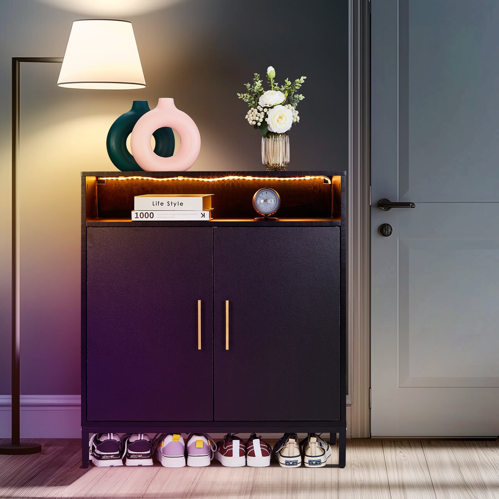 Dual Function Shoe Storage Cabinet with 6-Layer Adjustable Shelves LED Sensor Light Double Door High Foot Black Particle Board Home Organizer