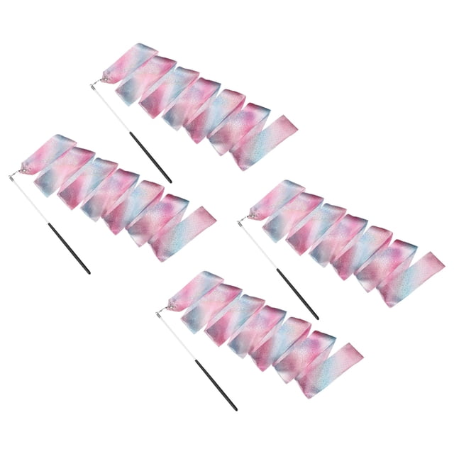 Uxcell 4 Pcs Dance Ribbons, 78.7 Inch Sparkly Gymnastics Ribbon Streamers with Black Wand for Gymnastics Artistic, Pink