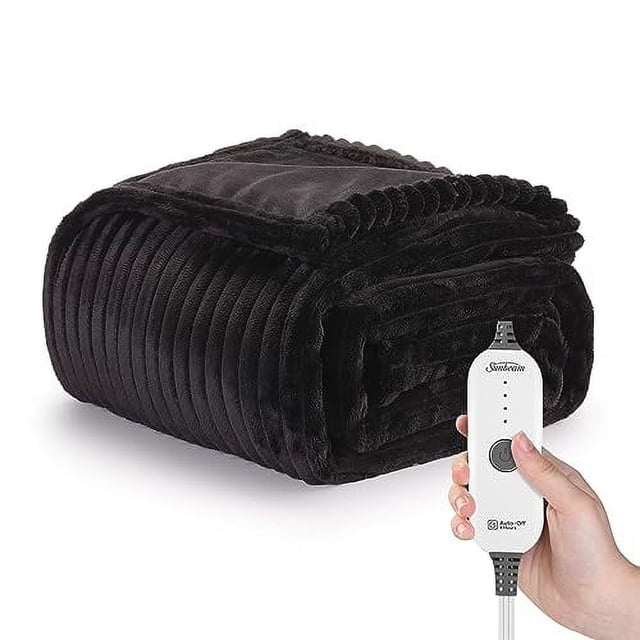 Sunbeam Royal Posh Ribbed Ebony Heated Personal Throw / Blanket, Cozy-Warm, Adjustable Heat Settings