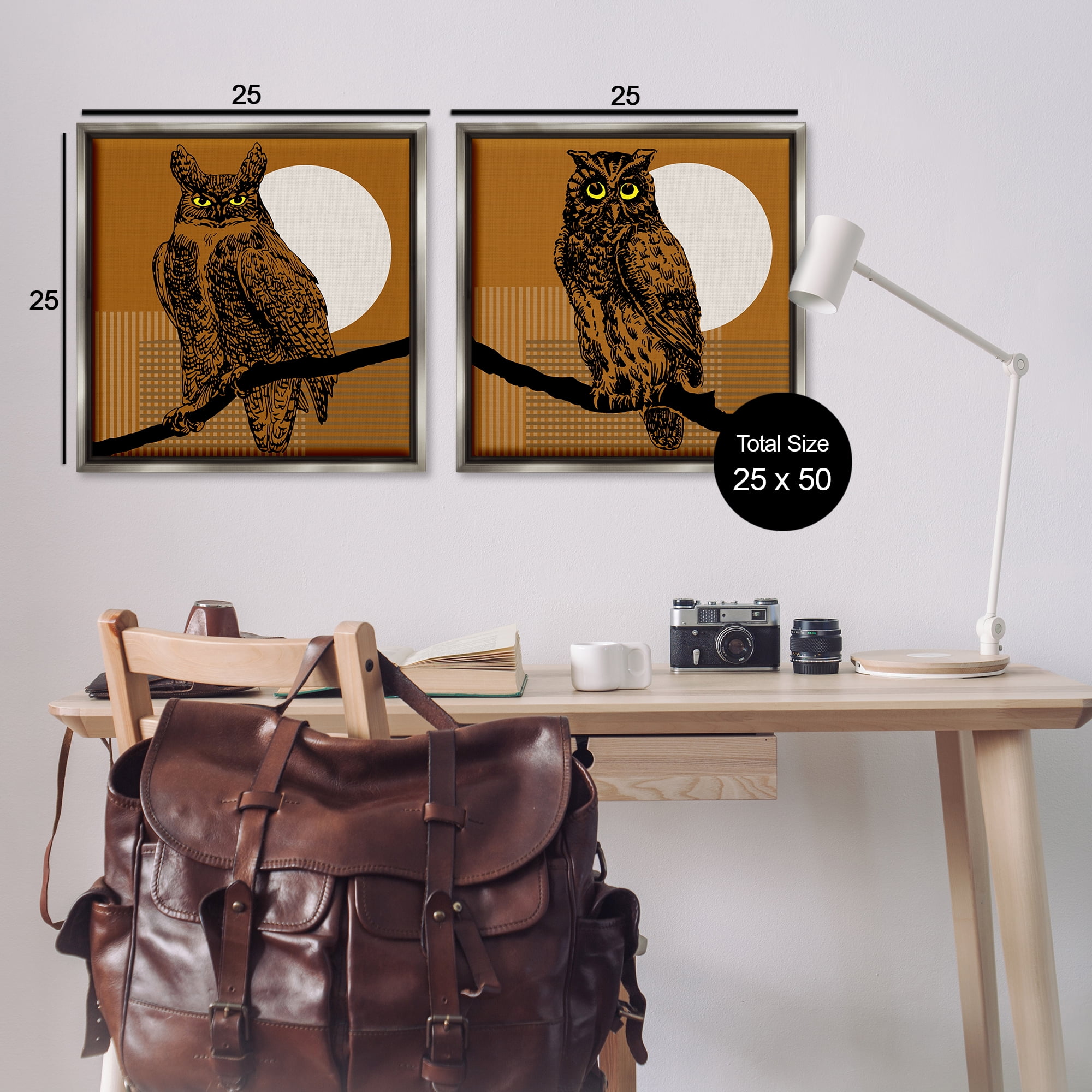 Stupell Industries Full Moon Owls on Branch Animals Painting Gray Floater Framed Canvas Art Print Wall Art, 25 x 25, Set of 2