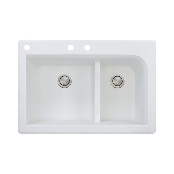 Transolid Radius 33in x 22in silQ Granite Drop-in Double Bowl Kitchen Sink with 3 CAB Faucet Holes, In White