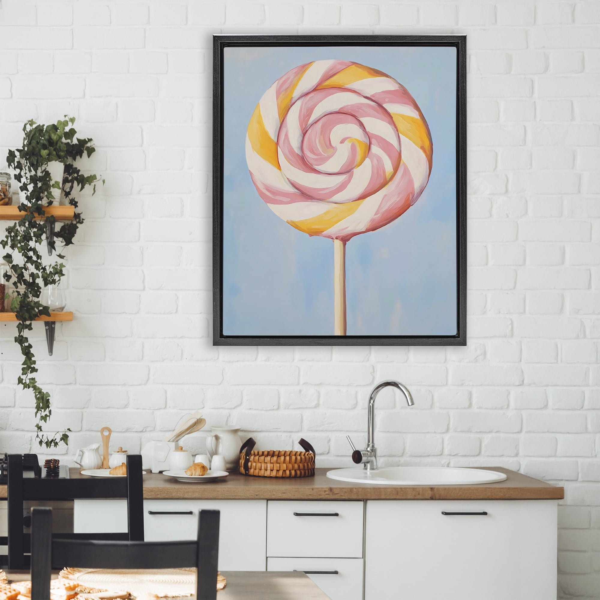 Stupell Industries Lollipop with Pink & Orange Swirl Black Framed Floater Canvas Wall Art, design by The Prints Vibe