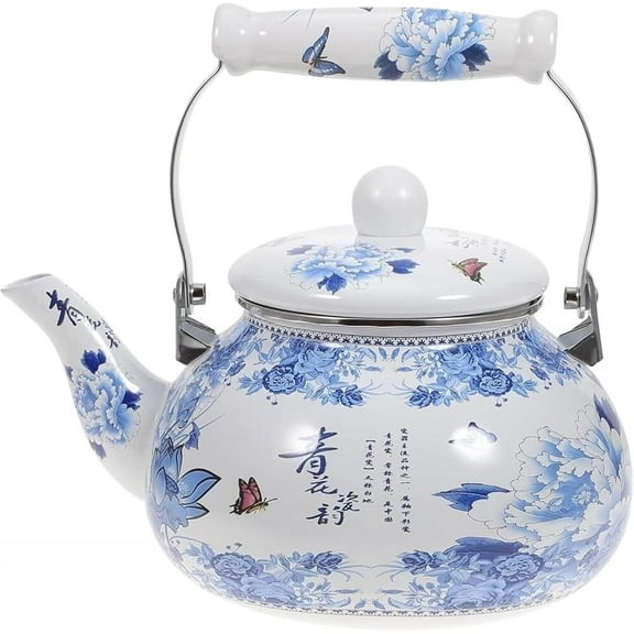 Tea Kettle Stovetop, Enamel Teapot Blue and White Floral Porcelain Enameled Teakettle Compatible with All Stove Tops