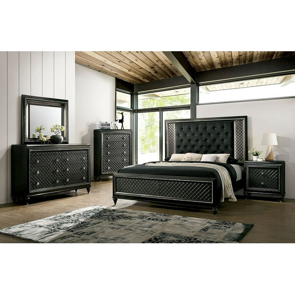 Bedroom Furniture 3pc Set Queen Size Bed 2x Nightstands Metallic Gray Solid wood Black Fabric Tufted HB Texture Frame