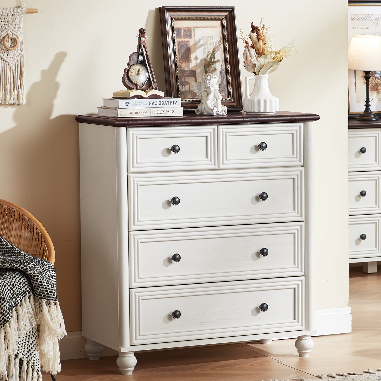 LELELINKY 5-Drawer Wood Dresser for Bedroom, Large Storage Cabinet, Classified Storage Organizer Chest for Living Room, Hallway, Brown & White