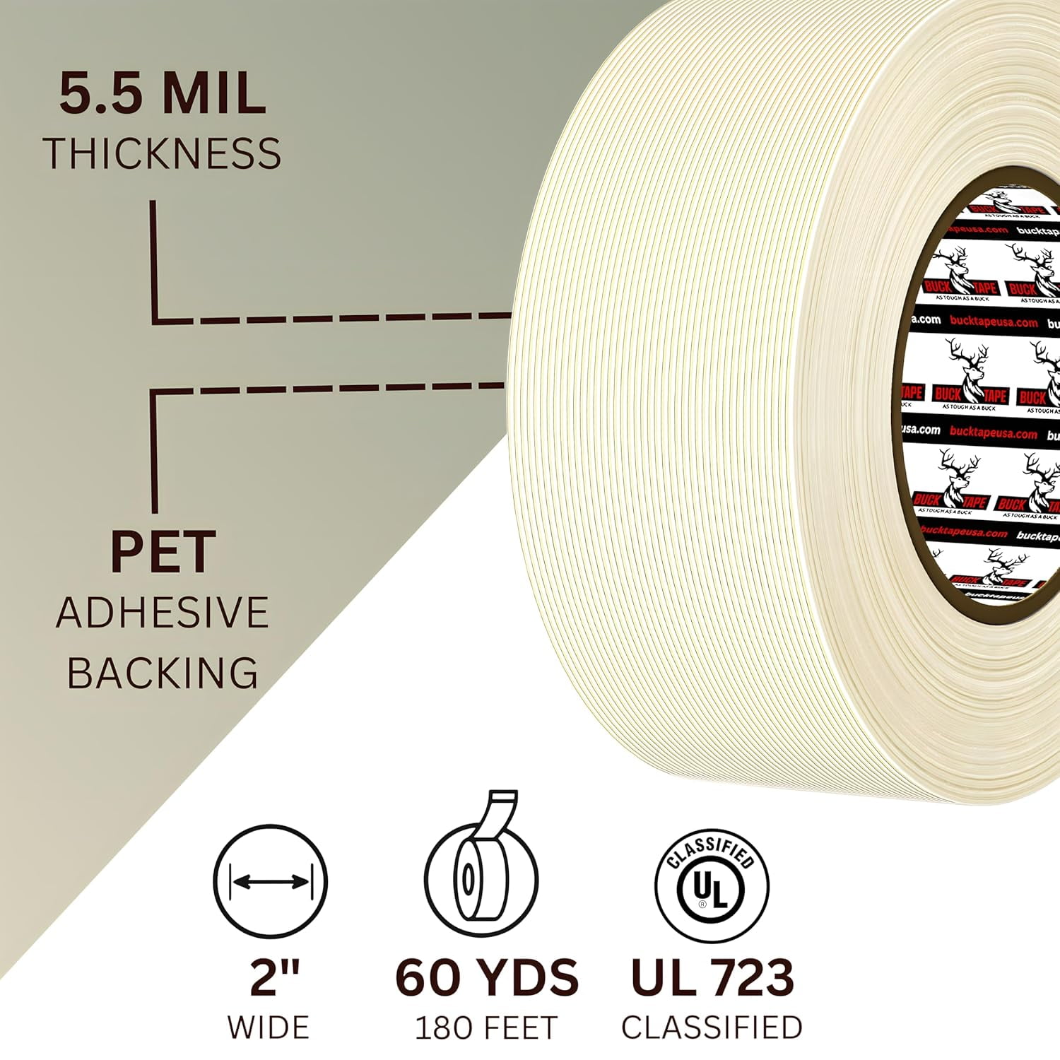 6 Pack Buck Strapping Tape 2 Inch x 60 Yds (180ft) - 5.5Mil Thickness, Heavy Duty Industrial Grade Mono Directional Fiberglass Reinforced Filament Tape with Synthetic PET Adhesive for Secure Packing