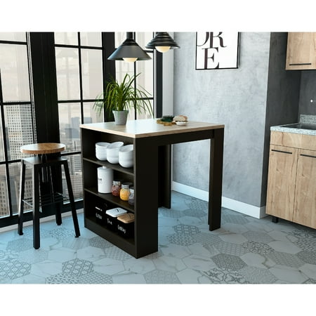 Elegant 3 Kitchen Island With Black And Pine Finish Shelves For Practical Storage Needs