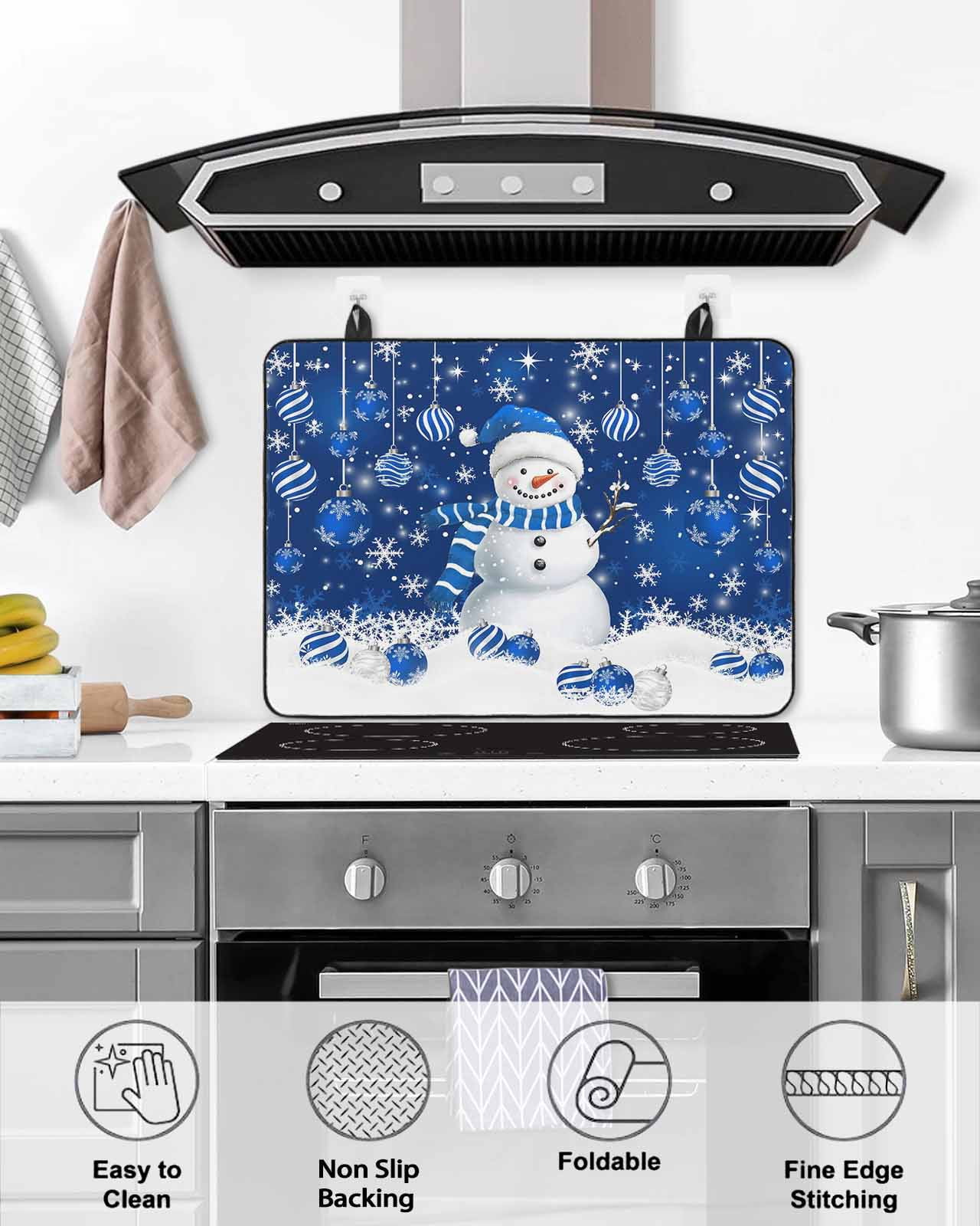 Large Induction Cooktop Protector Mat Navy Blue Christmas Stove Top Covers for Electric Stove, Snowman Xmas Snowflake Ball Winter Decorative Stove Burner Cover Mats, Glass Top Stove Cover