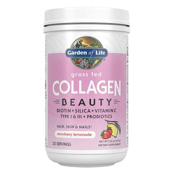 Garden of Life Grass Fed Collagen Beauty, 11g Collagen with Biotin & Silica, Strawberry Lemonade Powder