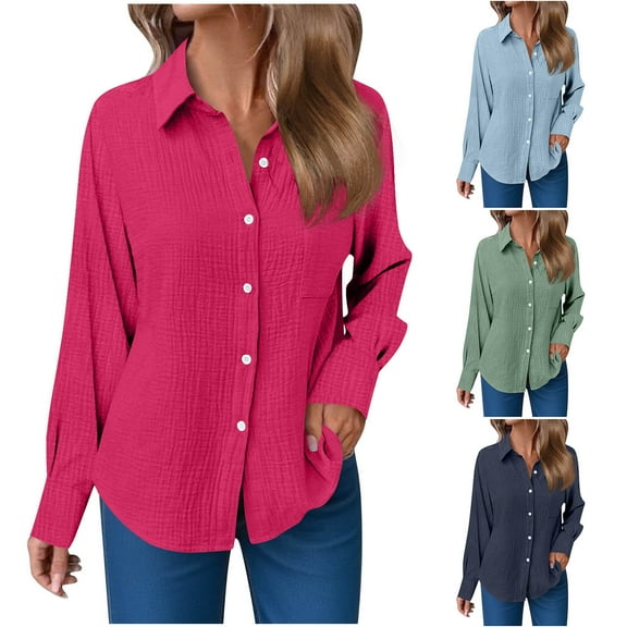 Nfurl Women Soft Cotton Button Down Shirts Dressy Casual Long Sleeve Lapel Collar Shirt Loose Fit Solid Color Tops for Work Business Hot Pink L