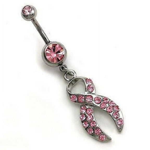 Pink Ribbon Breast Cancer Awarenes Dangle Belly Button Ring Navel Body Jewelry