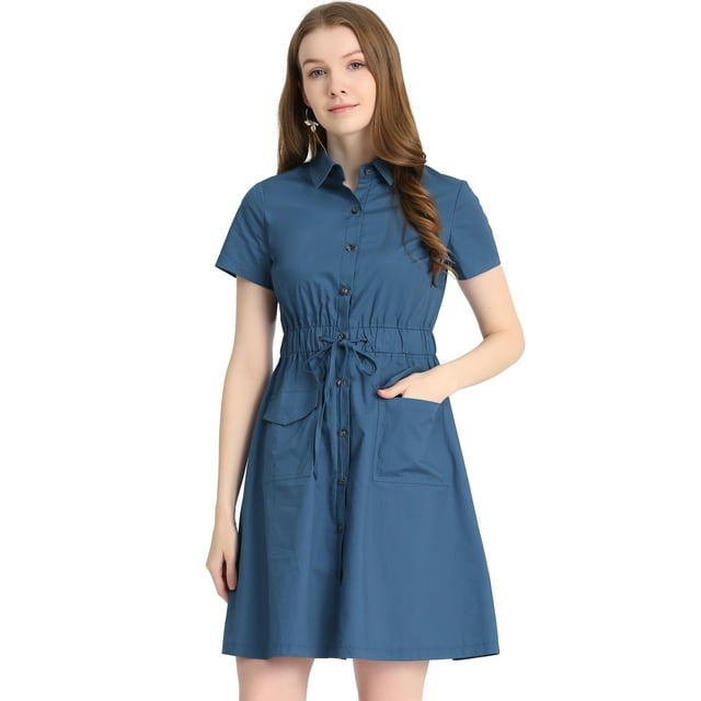 INSPIRE CHIC Robe au-Dessus du Genou à Col Boutonné Taille Élastique avec Poche Gris Bleu m