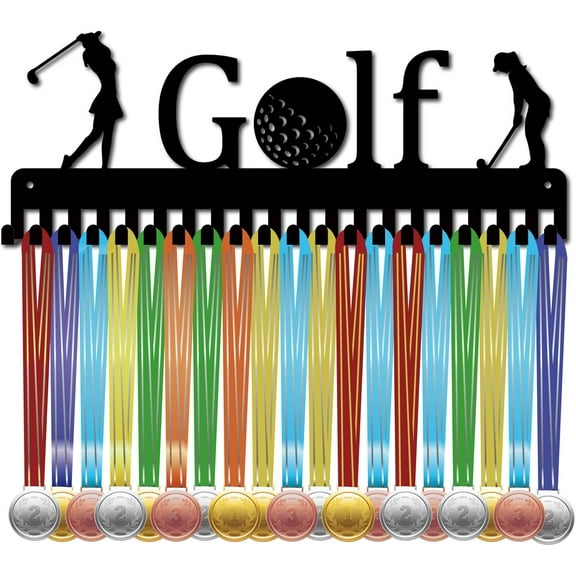 Golf Medal Hanger Display Medal Holder Rack Sports Metal Hanging Athlete Awards Iron Wall Mount Decor with 20 Hooks for Running Competition Ribbon Lanyard Medals Medalist Black 15.7x5.9Inch