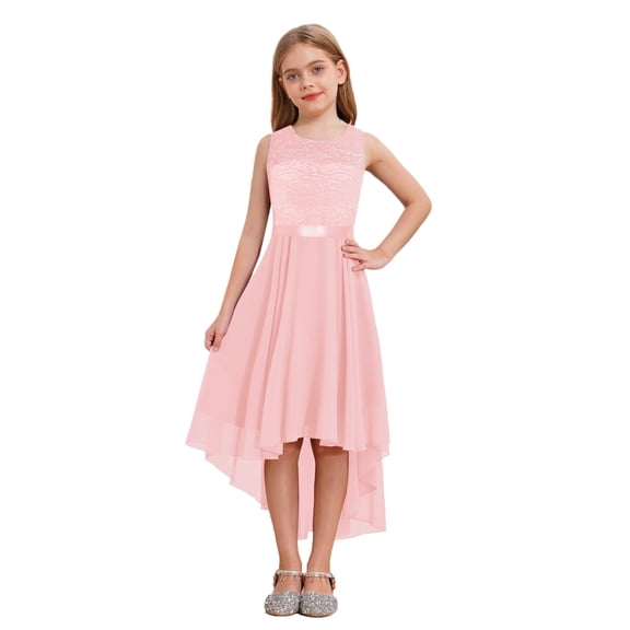 Hansber Girls Sleeveless Floral Lace High Low Chiffon Party Dress Bridesmaid Wedding Birthday Party Pageant Gown Pink 8
