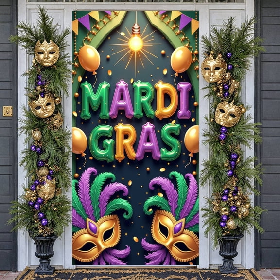 Colorful Theme Mardi Gras Banner Feather Decor Carnival Display Mask Design Gold Balloon Party Backdrop for Mardi Gras Party Carnival Celebration Festival Event