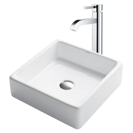 12 Inch Vessel Sink - KRAUS 15-inch Square White Porcelain Ceramic Bathroom Vessel Sink and Ramus™ Faucet Combo Set with Pop-Up Drain, Chrome Finish