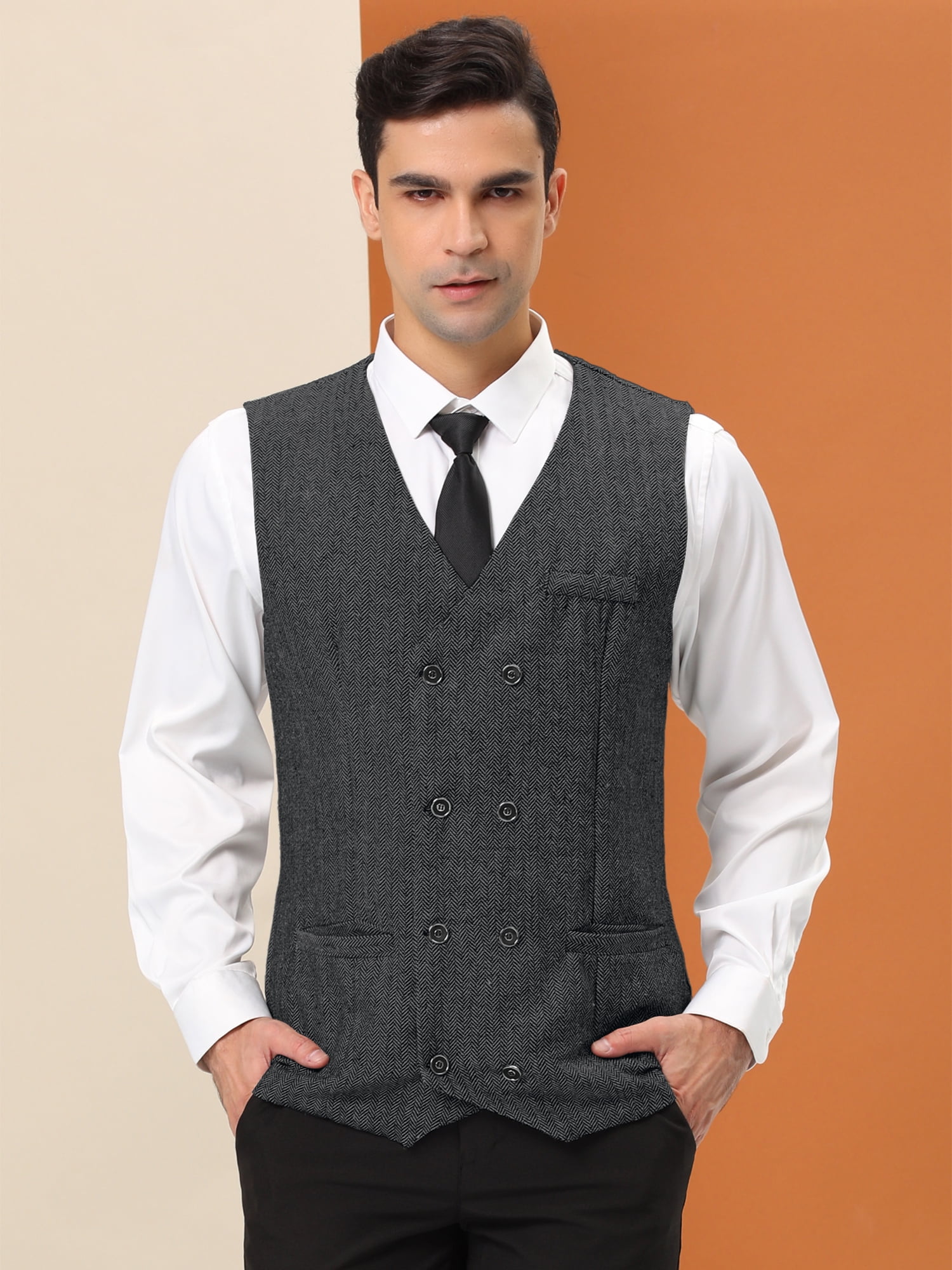 Unique Bargains Men's Dress Vest Double Breasted Slim Fit Prom Sleeveless Waistcoat S Black