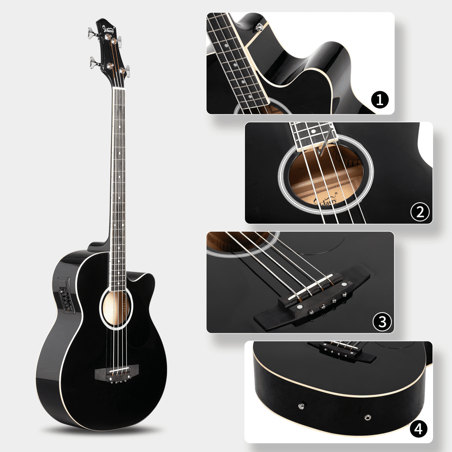 Hassch 4 String Electric Acoustic Bass Guitar with 4-Band Equalizer, Bag and Strap, Beginners Bass with Cable, Plectrum and Wrench Adjustment Tool, Black