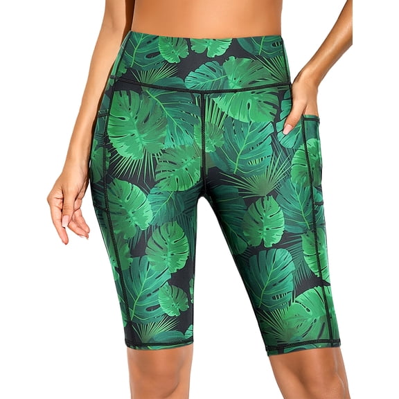 Women's High Waisted Swim Board Shorts with Pockets, Tropical Palm Leaf Print Quick Dry UPF 50 Swimsuit Bottoms with Built-in Liner