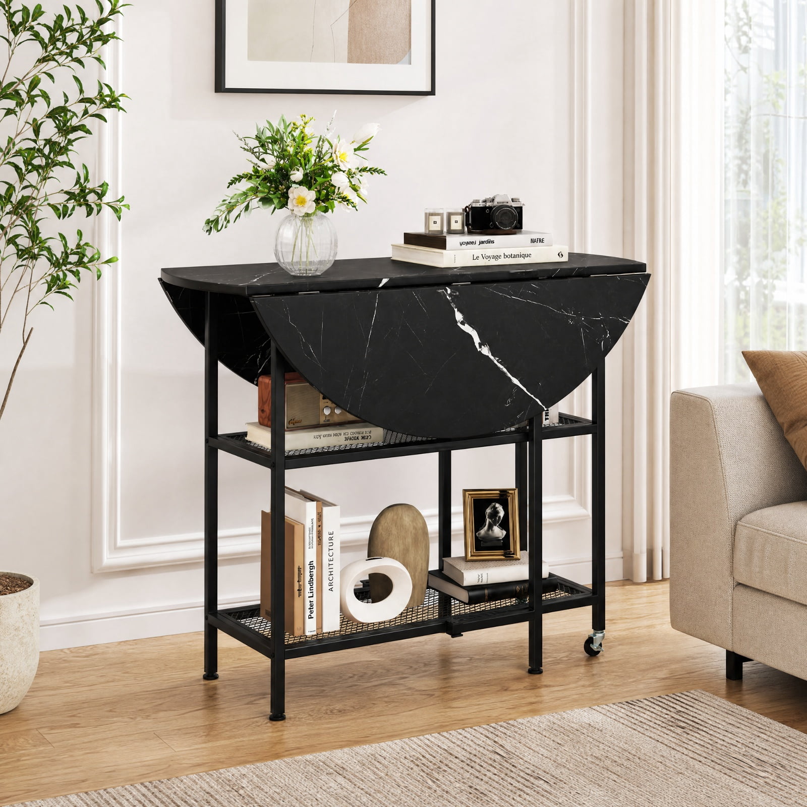 Furnibear Folding Round Dining Table with Lockable Wheels and 2 Storage Shelves and Sturdy Metal Frame for Small Spaces, Black
