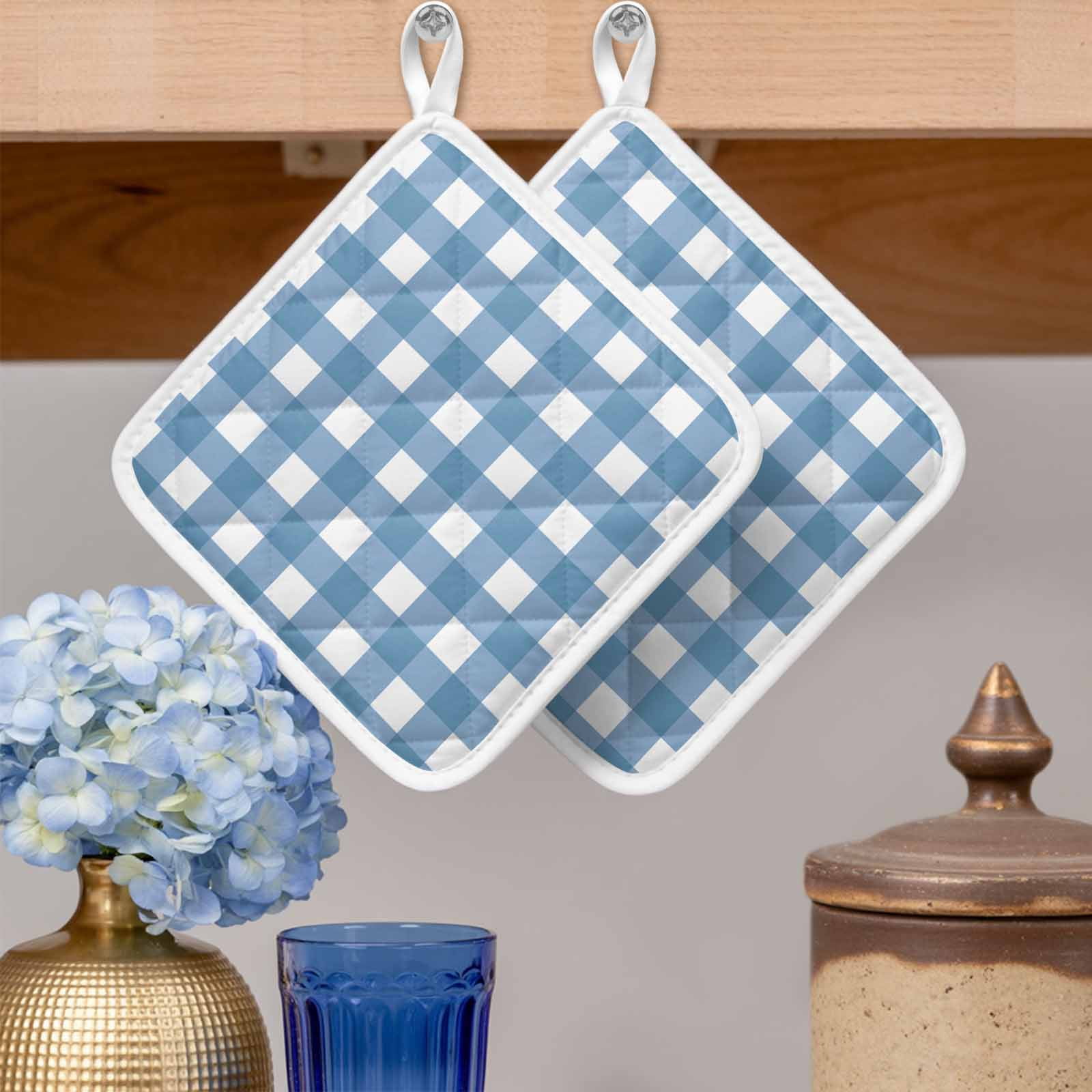 Blue White Plaid Pot Holders for Kitchen Heatproof Potholder, 4 Pack Gradient Geometric Buffalo Checkered Hot Pads Multipurpose Oven Pads Cloth Potholders Trivet for Cooking and Baking