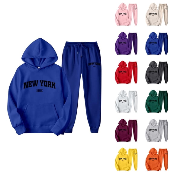 New York Hoodie and Sweatpants Set Long Sleeve Hooded Sweatshirt with Pockets Elastic Waist Pants Tracksuit for Women