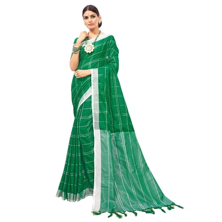 Sarees for Women Linen Cotton Silk Saree l Indian Ethnic Wedding Diwali Gift Sari with Unstitched Blouse Green