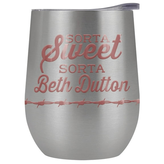 Yellowstone Official Sort Sweet Beth 12 OZ Silver Stemless Wine Tumbler, Stainless Steel Travel Cup|Lake Tumbler|Insulated with Leak Resistant Slide-Lock Lid