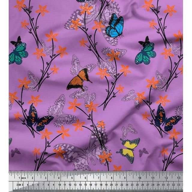 Soimoi Purple Velvet Fabric Flower & Butterfly Print Fabric by The Yard 58 Inch Wide