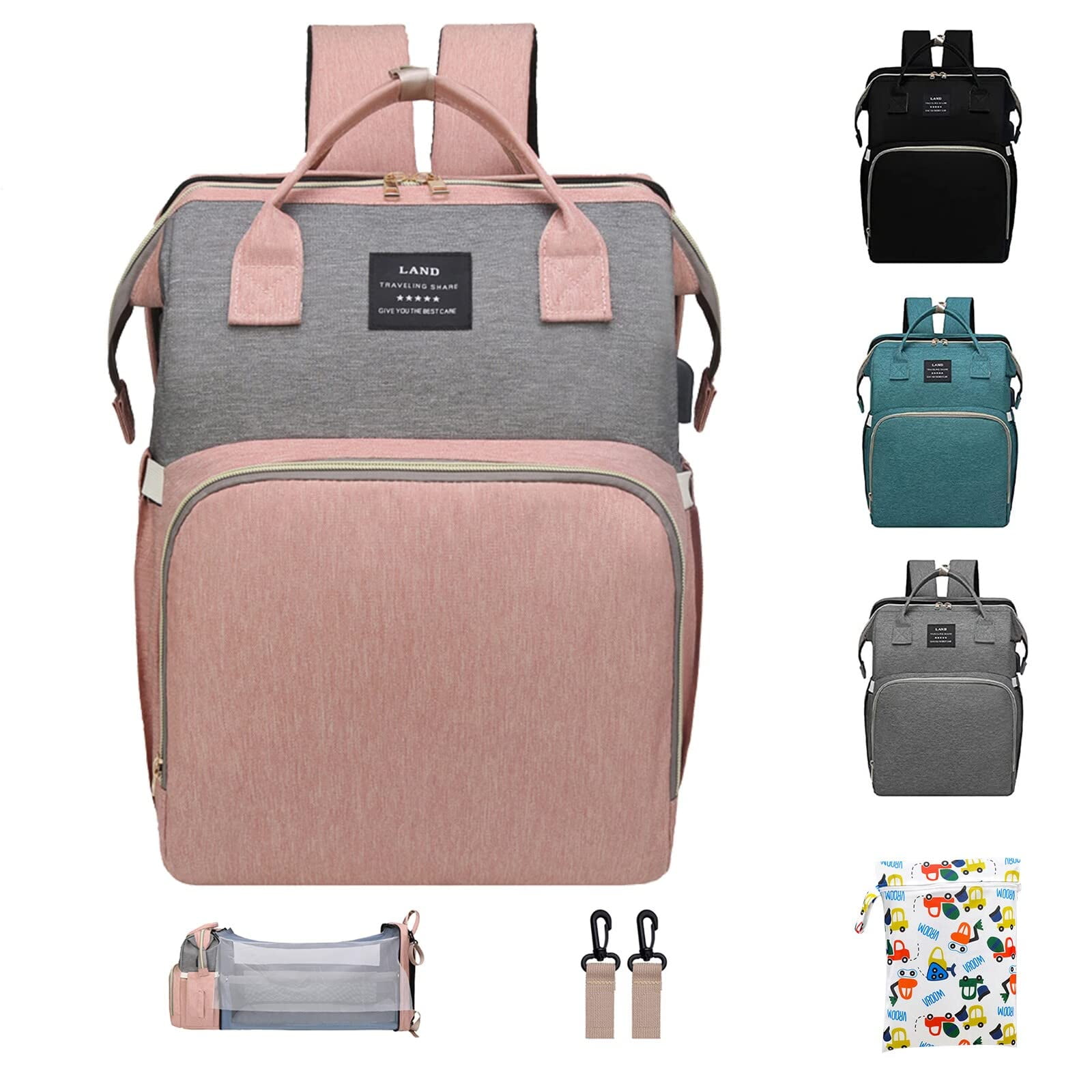 ANWTOTU Diaper Bag Backpack 7 in 1 Travel Diaper Bag Mommy Bag With USB charging Port Pink grey
