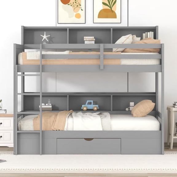 Twin Size Bunk Bed with Built-In Shelves and Storage Drawer, Wooden Bunk Bed Frame with Full-Length Guardrails for Bedroom, Guest Room, Gray
