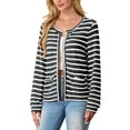 thumbnail image 3 of JWD Women's cardigan long sleeved button knit stripe with pocket Black Stripe XL, 3 of 5