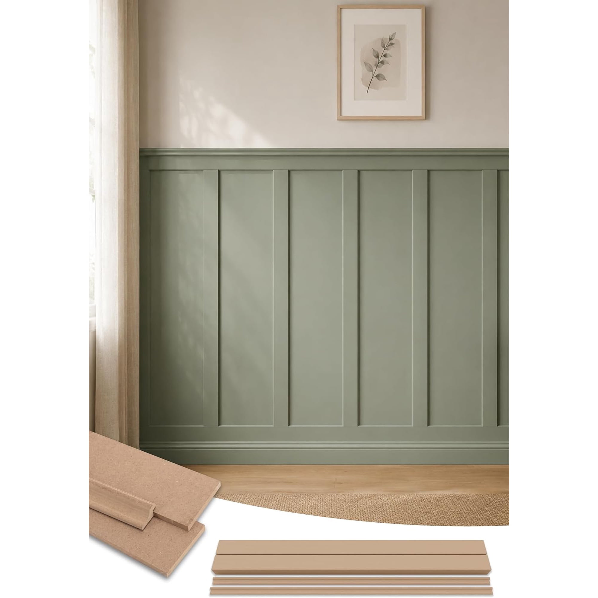 Board and Batten Wall Panel Kit, Paintable Wainscoting Panels, Pre-Cut MDF Accent Wall Panels with Wall Molding Trim for Bedroom, Living Room and Home Decor