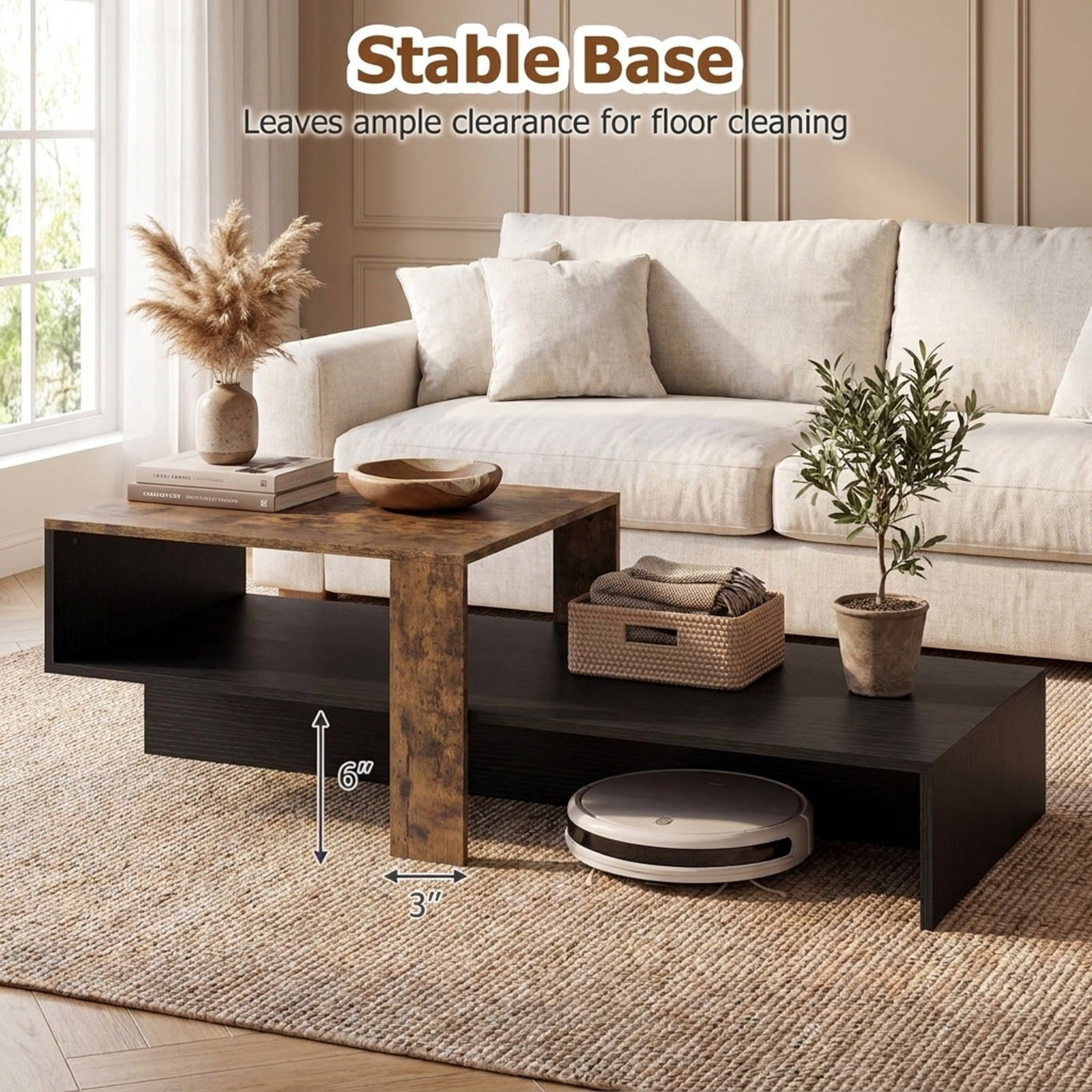 Furnibear 2 Tier Modern Irregular Coffee Table with Open Storage Shelf and Geometric Silhouette for Living Room for Home and Living Space, Black