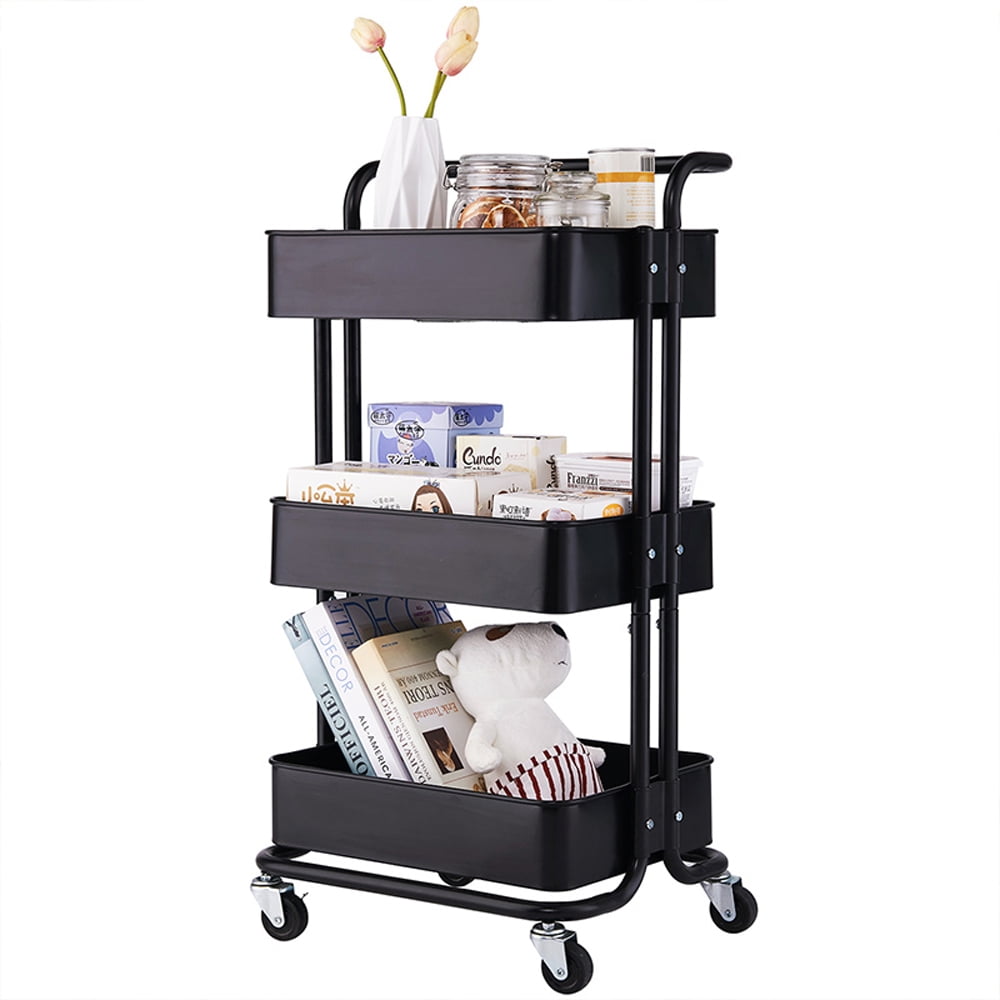 Basics 3-Tier Metal Storage Rolling Cart with Utility Handle and Extra Storage Accessories White