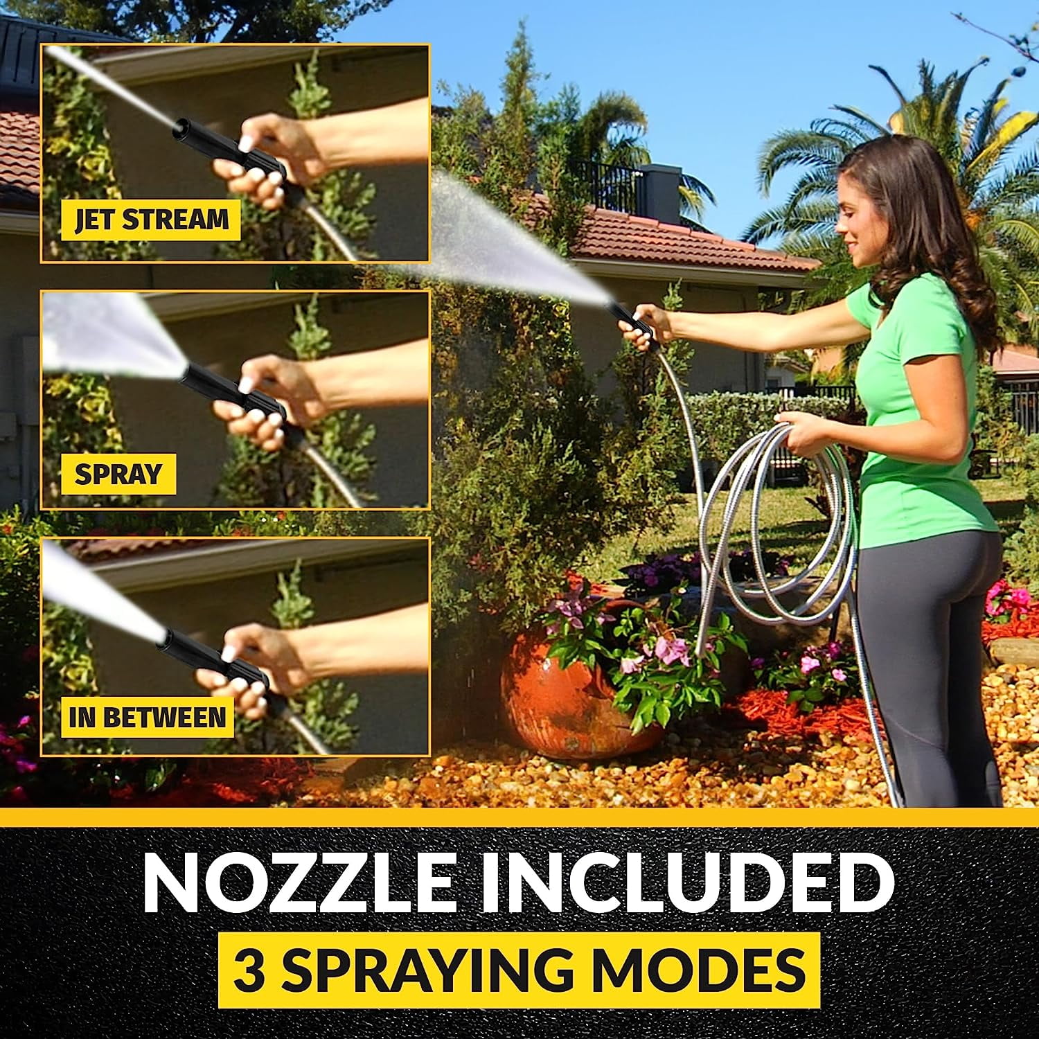 Premium 25 Ft Metal Garden Hose with Nozzle, 304 Stainless Steel, Kink , Lightweight, Heavy Duty