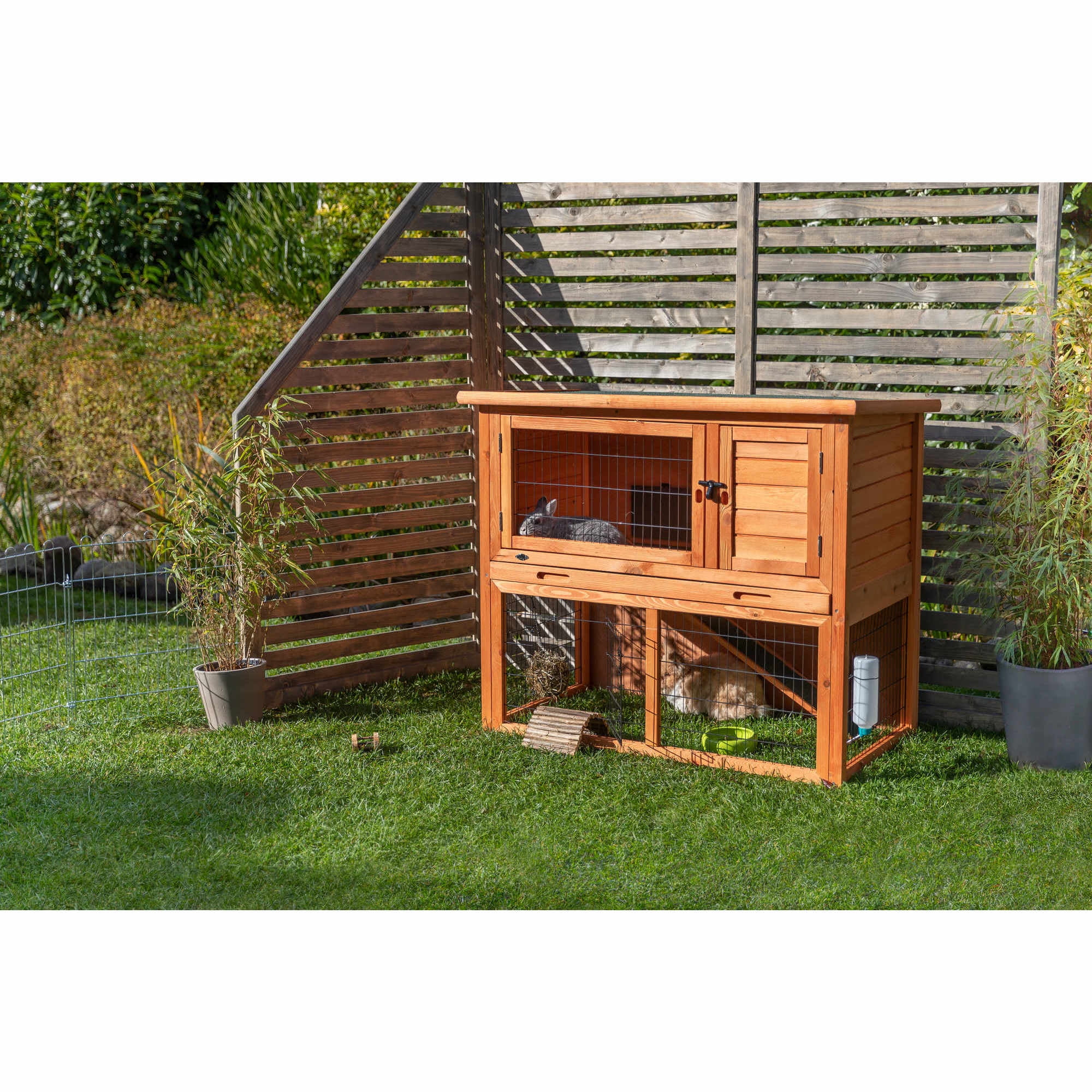 TRIXIE Weatherproof Outdoor 2-Story Wooden Small Animal Hutch with Run & Pull-Out Tray, Brown