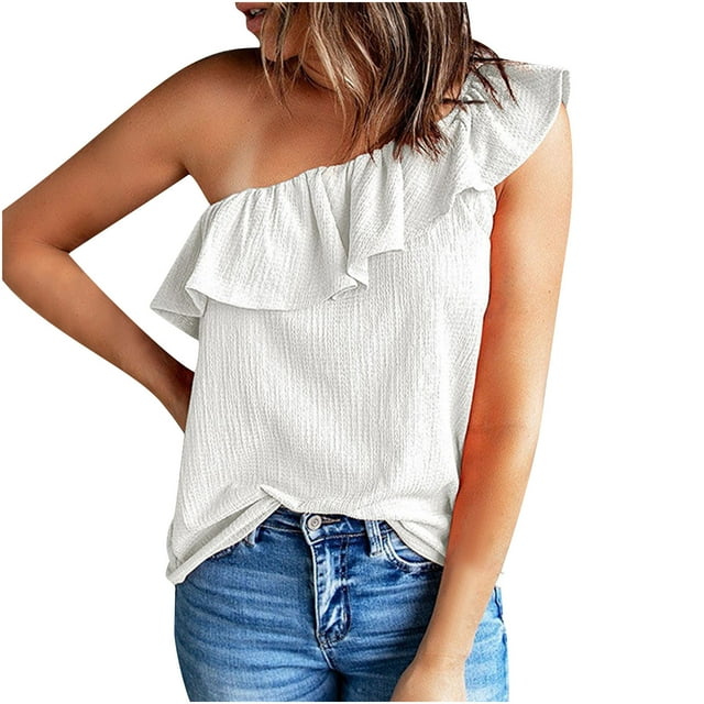 ohmzyzo Womens One Shoulder Tops Ruffled Solid Color Tunic Shirts Summer Sleeveless Loose Tank Top