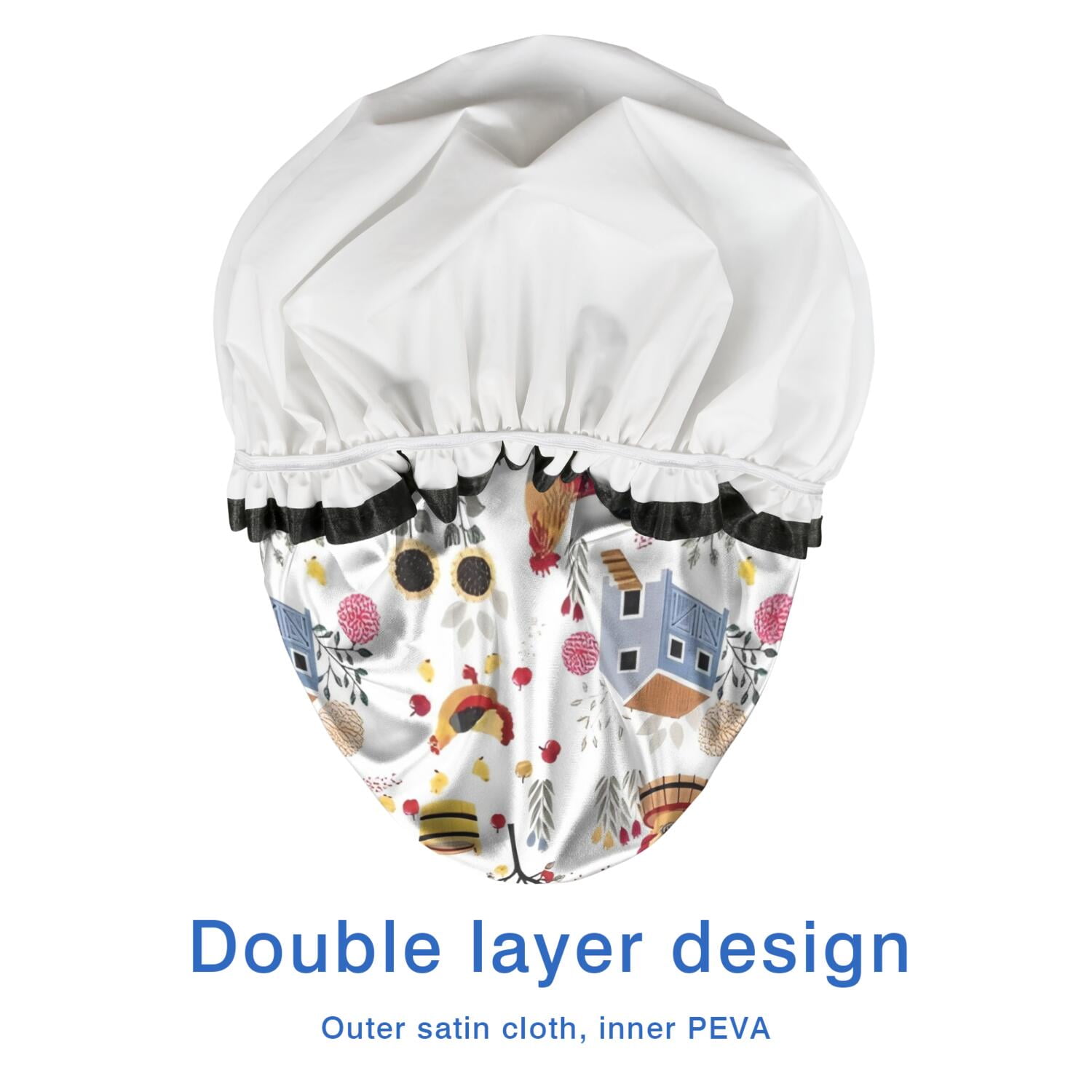 Shower Caps,White Chicken Farm Pattern Waterproof Shower Cap for Women 4 Pieces,Double Reusable Hair Cover for Shower PEVA Elastic Stretch Hem