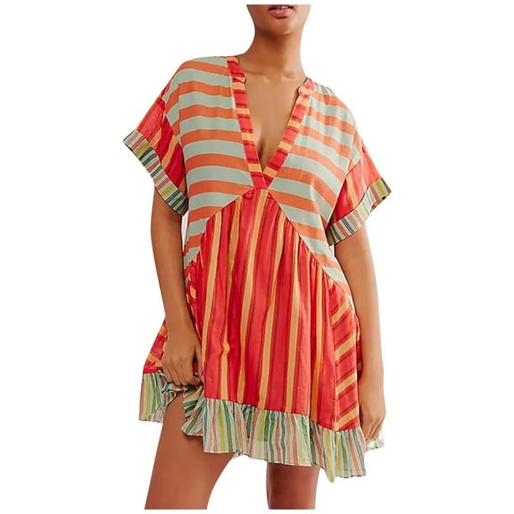 Sevevn Women Boho Dresses Summer Deep V Babydoll Dress Loose Casual Ruffle Flowy Short Mini Dress Sundress