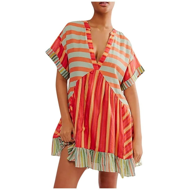 Vestido de Manga Corta para las Mujeres Sexy Boho Impresión de Bolsillo Vestido con Cuello en V, Vestido de Verano para las Mujeres