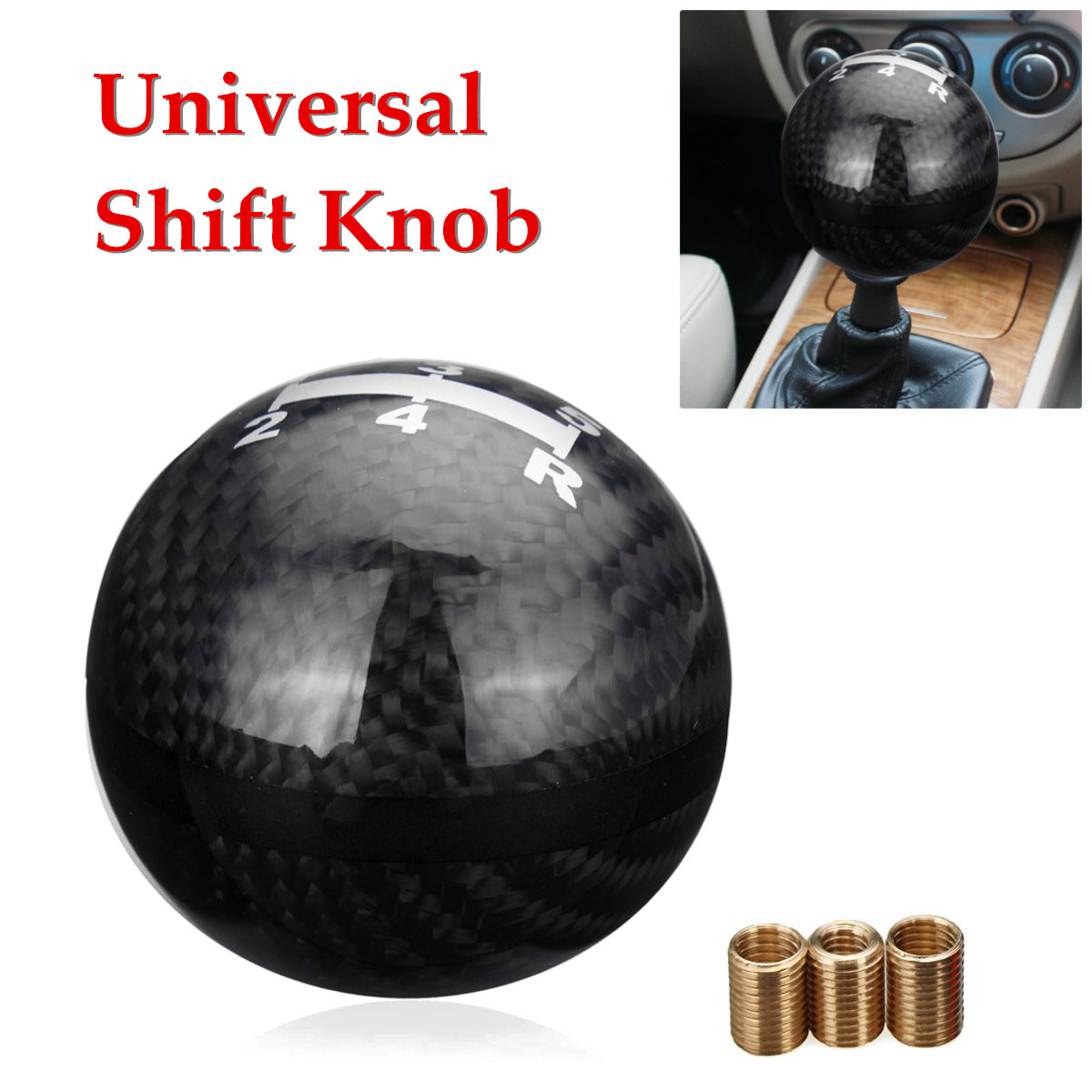 1Set Carbon Fiber Round Ball Shape Universal Car Gear Shift Knob Shifter Lever